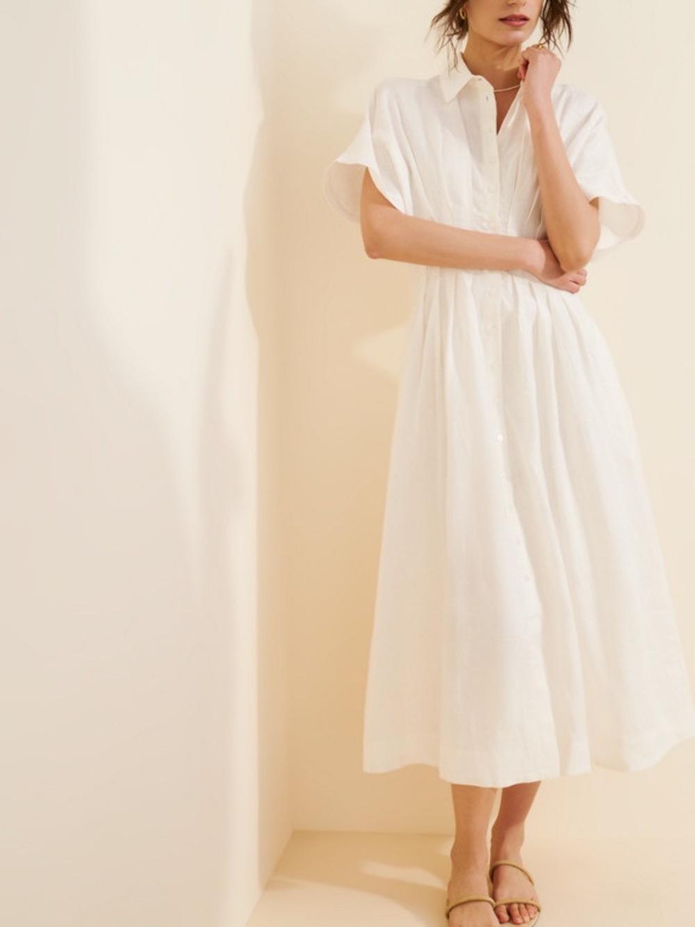 Exquise Tobie 100% Linen Casual Pleated Button Down Midi Dress LP